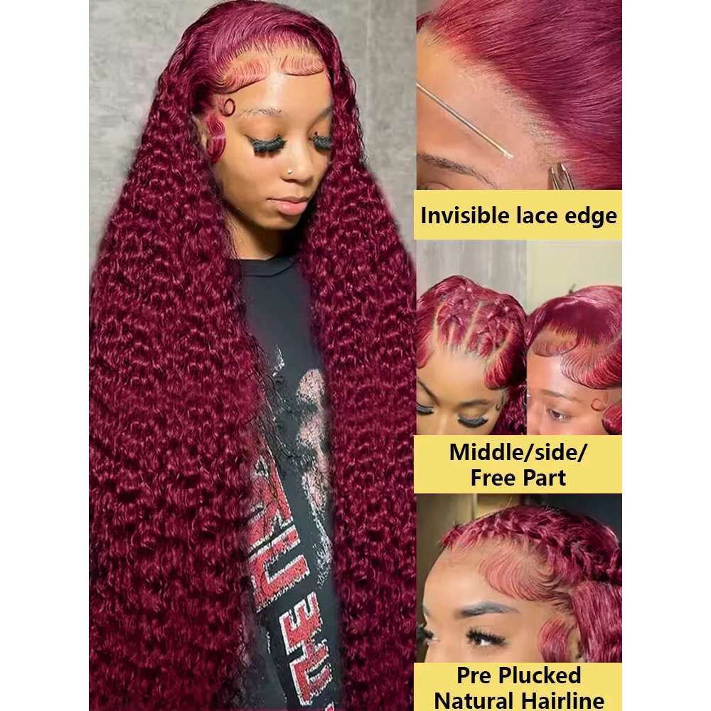 250 Density 99J Bury Deep Wave 13X4 Red Front Human Hair 30 40 Inch 13X6 HD Colored Lace Frontal Water Curly Wigs