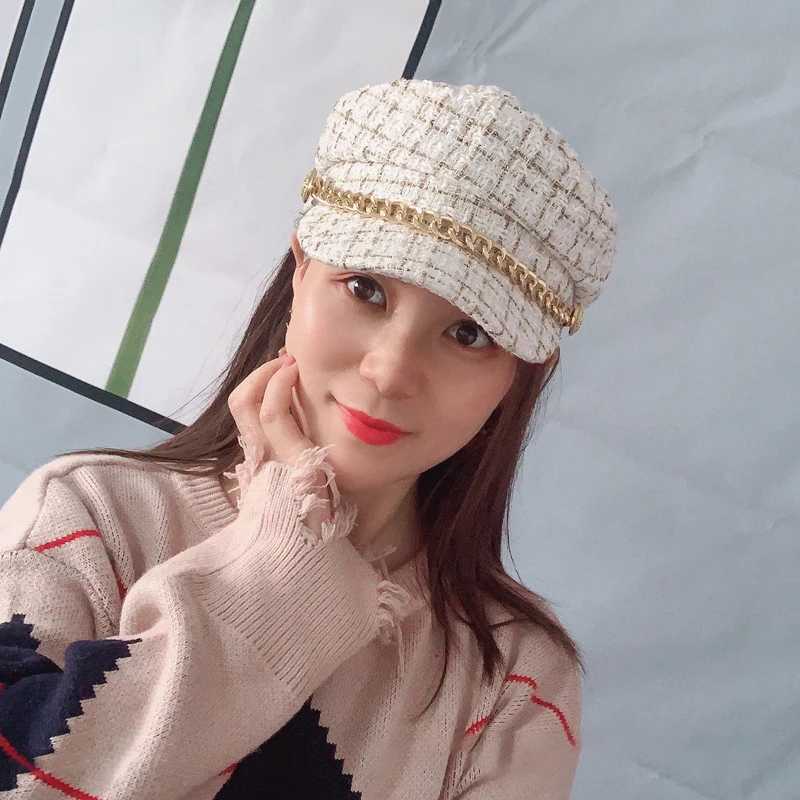 Autumn Winter Pearl Chain Flat Top Navy Hat Fashion Beret Newsboy Caps Berret Woman Octagonal Hats Womens Designer Apparel J251125
