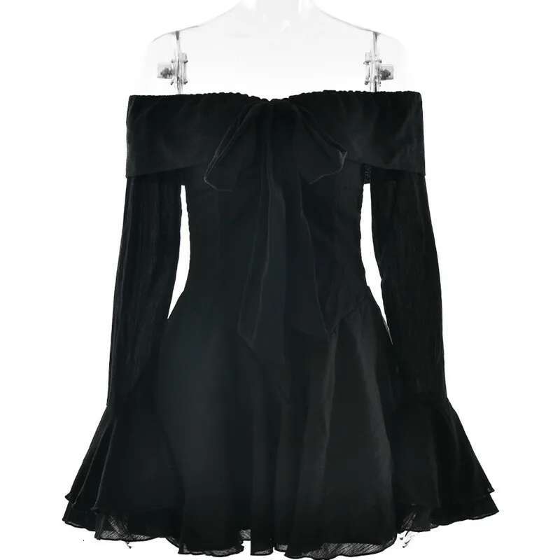 Dongdumaoyi Townlike Waist Wrap A Line Dress Women Off Shoulder Mini Autumn Winter Bow Chiffon Nightclub Sexy Party Dresses