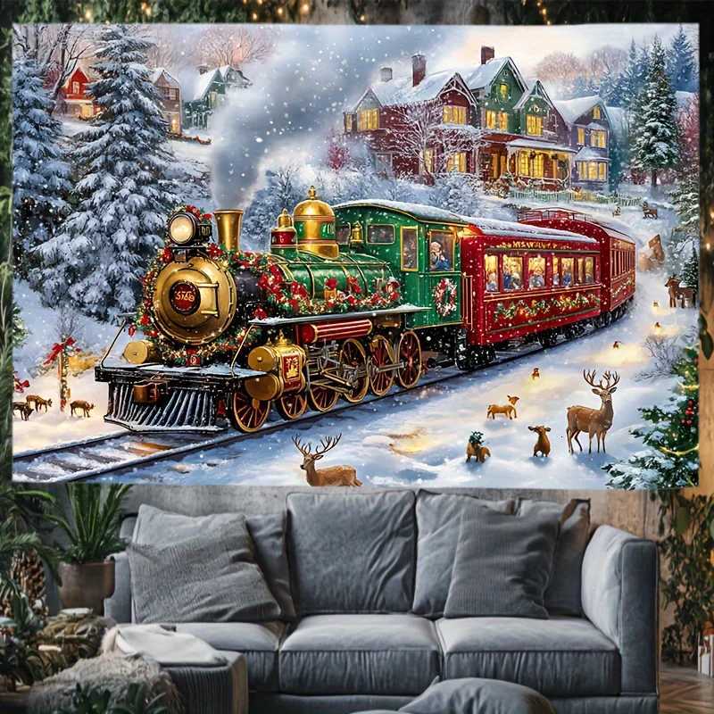 Glam Christmas Tapestry with Polar Express Train Snow Scene - Polyester Wall Hanging with Santa Reindeer Festive Decor SquarM251125