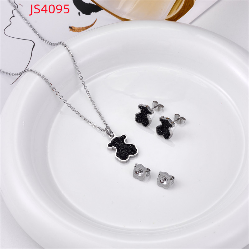 Hot Fashion Women Men Silver Gold Stainless Steel Bear Cartoon Heart Black Zircon Round Bead Pendant Necklace Earrings Sets Jewelry