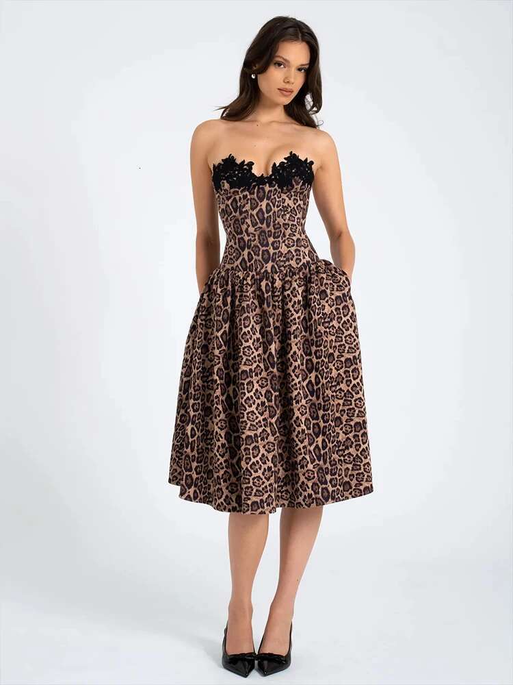 dongdumaoyi Townlike Leopard Print A-e Women Lace Strapless Midi Long 2024 Summer Dress Backless Nightclub Sexy Party Dresses
