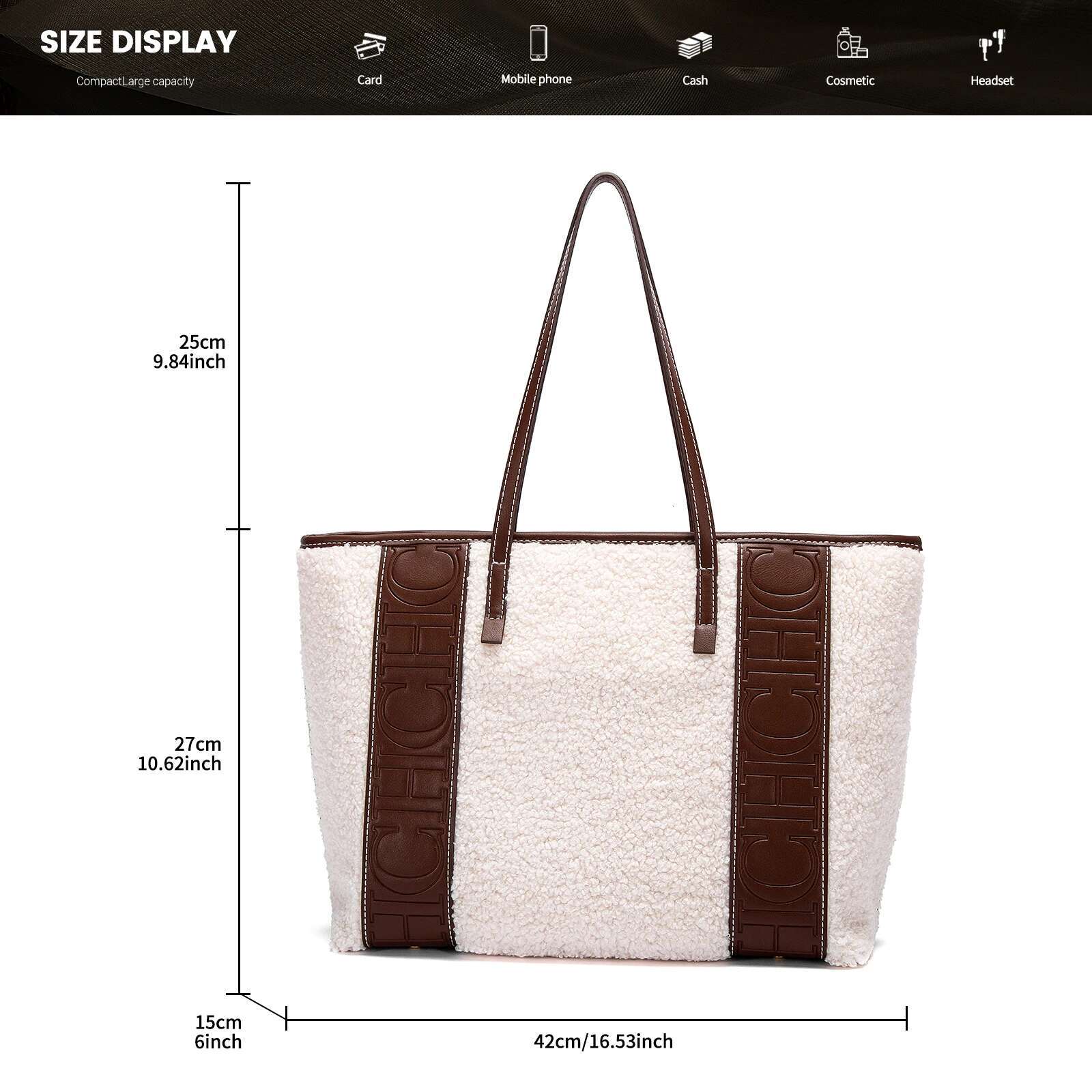 CHCH Women's Tote Winter New Lamb Fleece Large Capacity Handbag Simple Brown Leisure Travel Bag