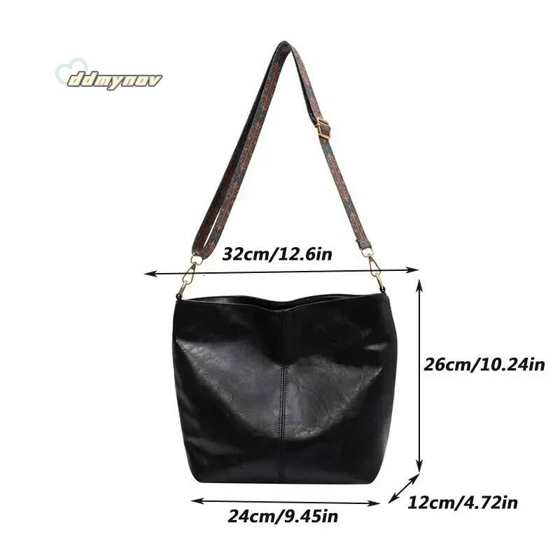 Vintage Solid Color PU Leather Women Fashion Shoulder Sling High-Capacity Simple Wide Strap Bucket Crossbody Bag Commuting ddmynov