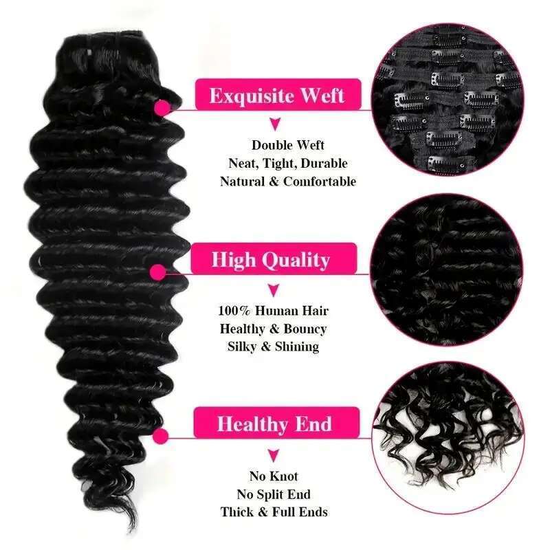 Deep Wave Clip Ins Human Extensions For Women 8Pcs Cuticle Aligned Real Hair Curly Thick To Ends With 120G/Set 18 Clips
