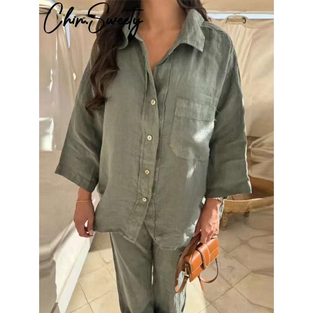 Vintage Solid Trousers Suit Women Single Breasted Long Sleeve Shirt Wide Leg Pants Set Female Summer New Lady Streetwear