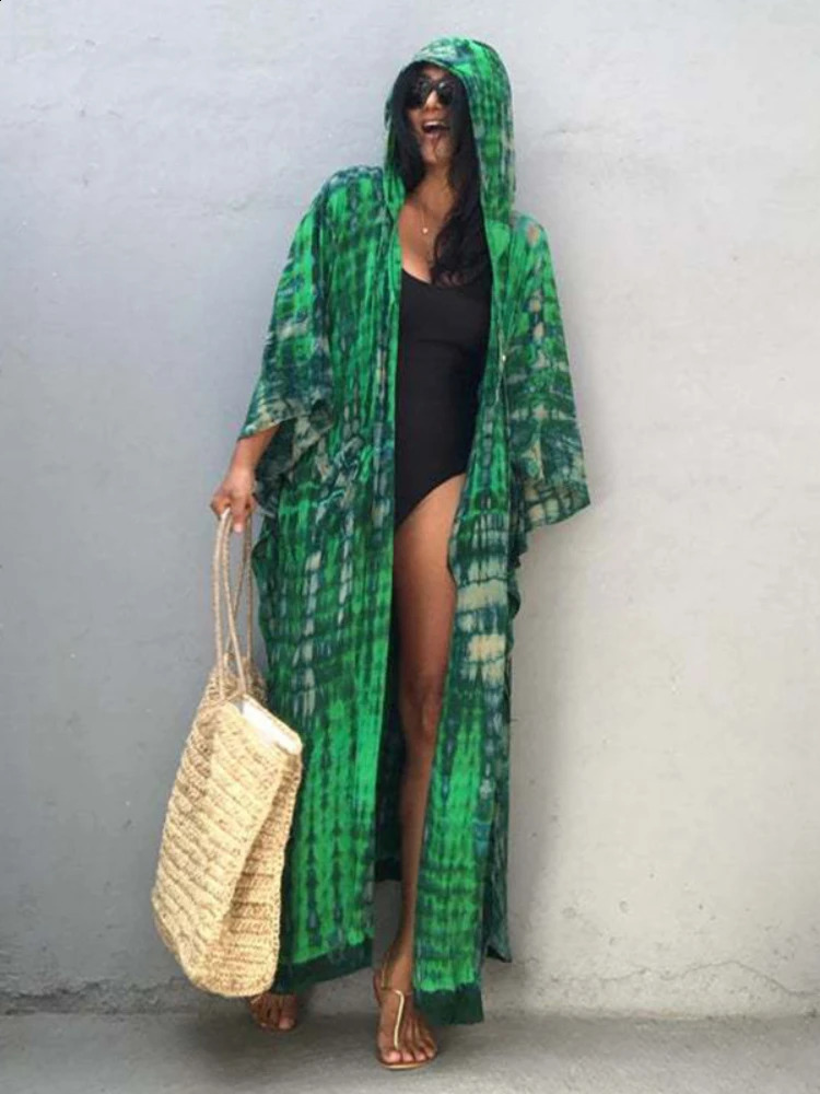 Beach womens tie dye striped bikini top swimsuit hooded beach wear Japanese kimono 250422