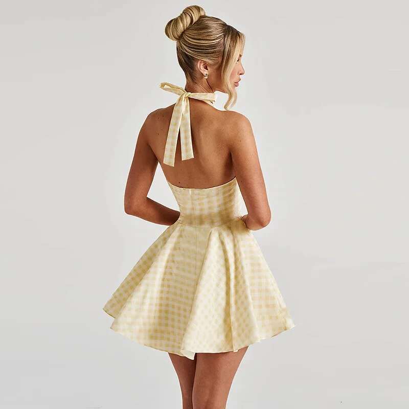 Dongdumaoyi Townlike Waist Wrap A Line Plaid Print Dress Women Halter Mini Spring Summer Backless Nightclub Sexy Party Dresses
