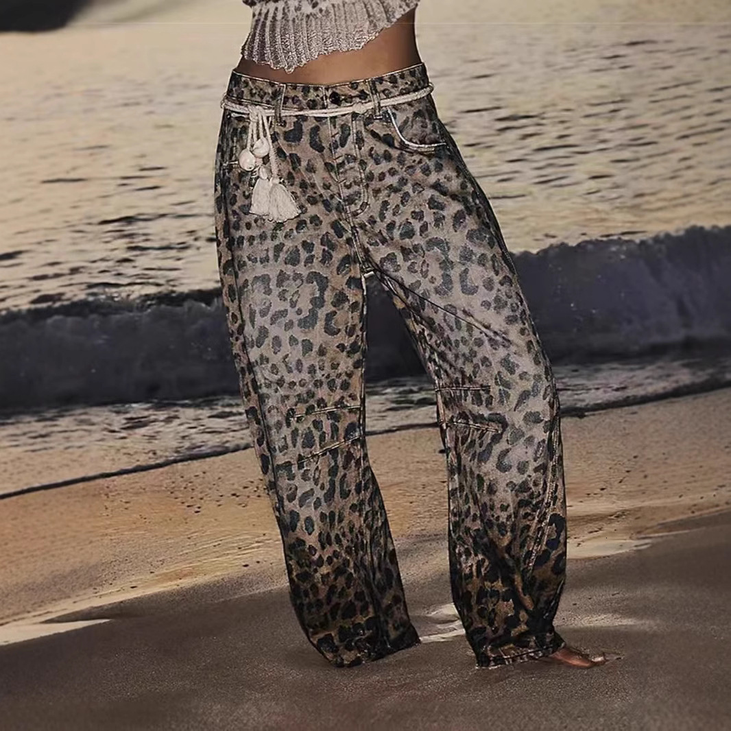 Women Leopard Barrel Jeans Y2k Cheetah Printed Baggy Boyfriend Jeans Mid Rise Wide Leg Denim Pants Horseshoe Jeans 250317