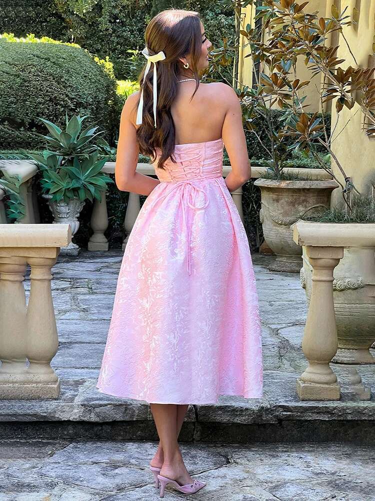 Dongdumaoyi Townlike Jacquard Elegant Waist Wrap A Line Dress Women Spring Summer Midi Long Backless Sexy Party Dresses