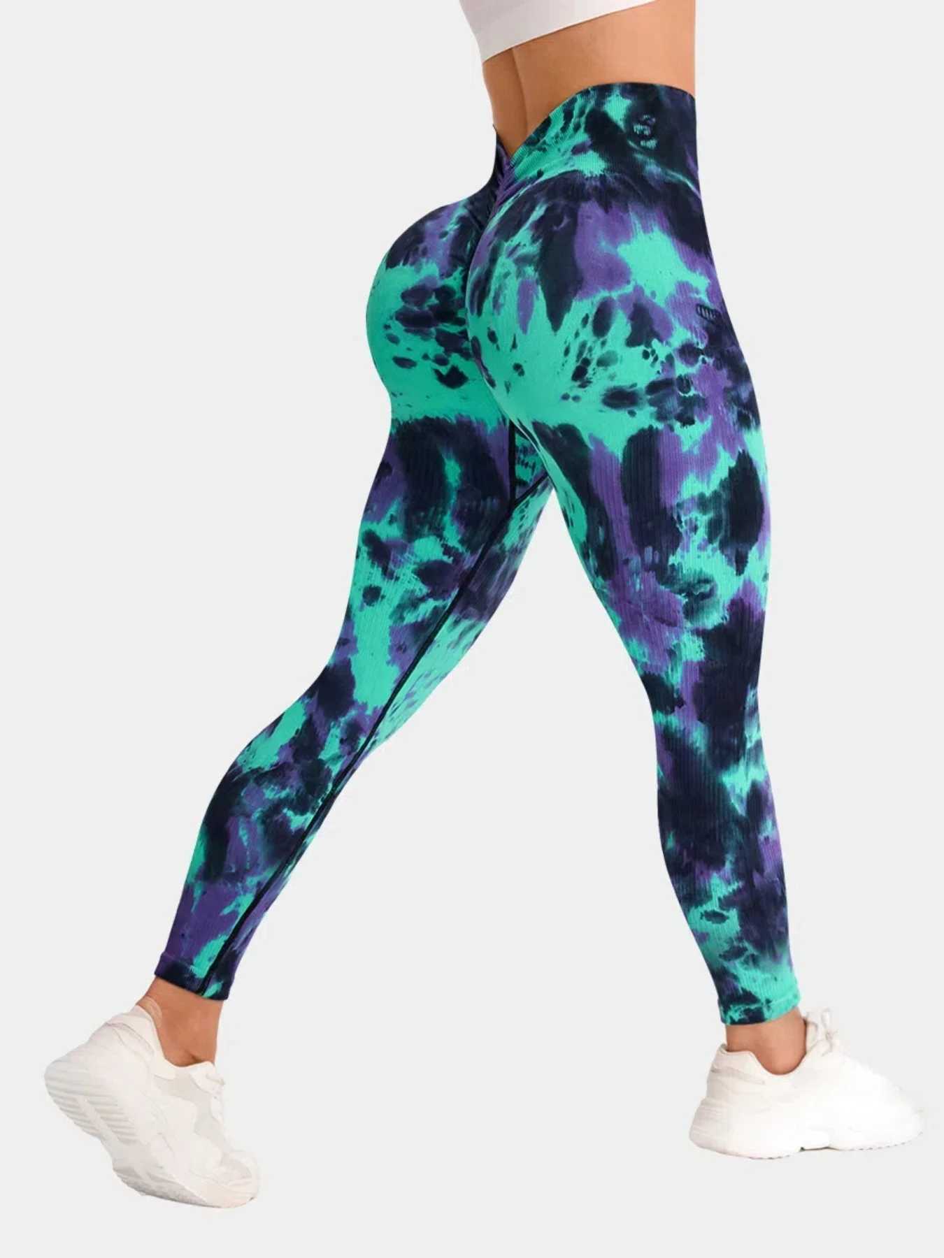 Womens seamless tie dye high V-waist yoga pants push up tight fitness legsC250425