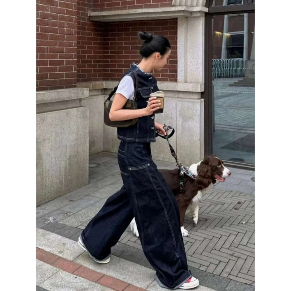 Hong Kong Style Denim Vest Spring New Item Retro Simple Loose Straight Wide Leg Pants Two-Piece Set Trendy
