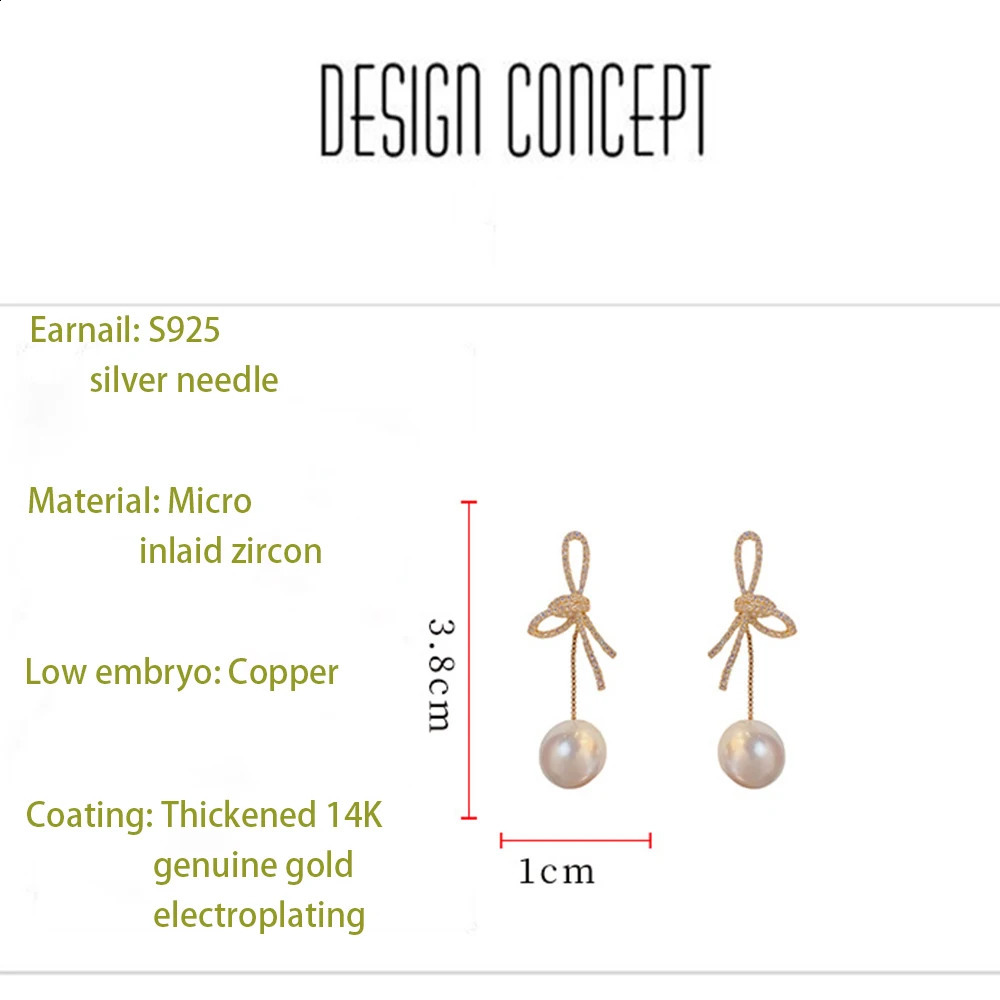 micro inlaid zircon bow hanging pearl earrings suitable for women to look slim 250422