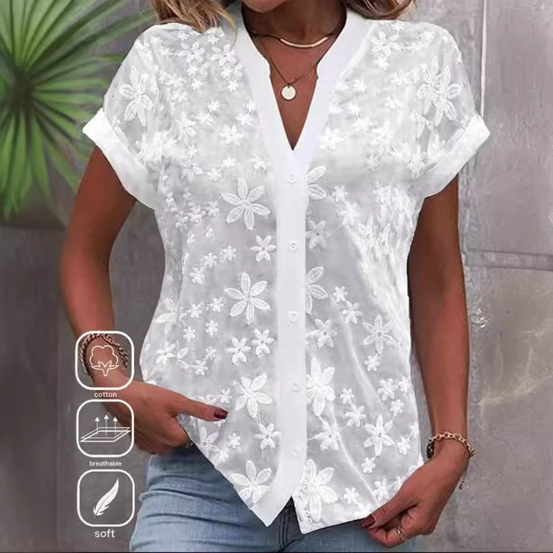 2024 summer simple casual V-neck solid color shirt for women
