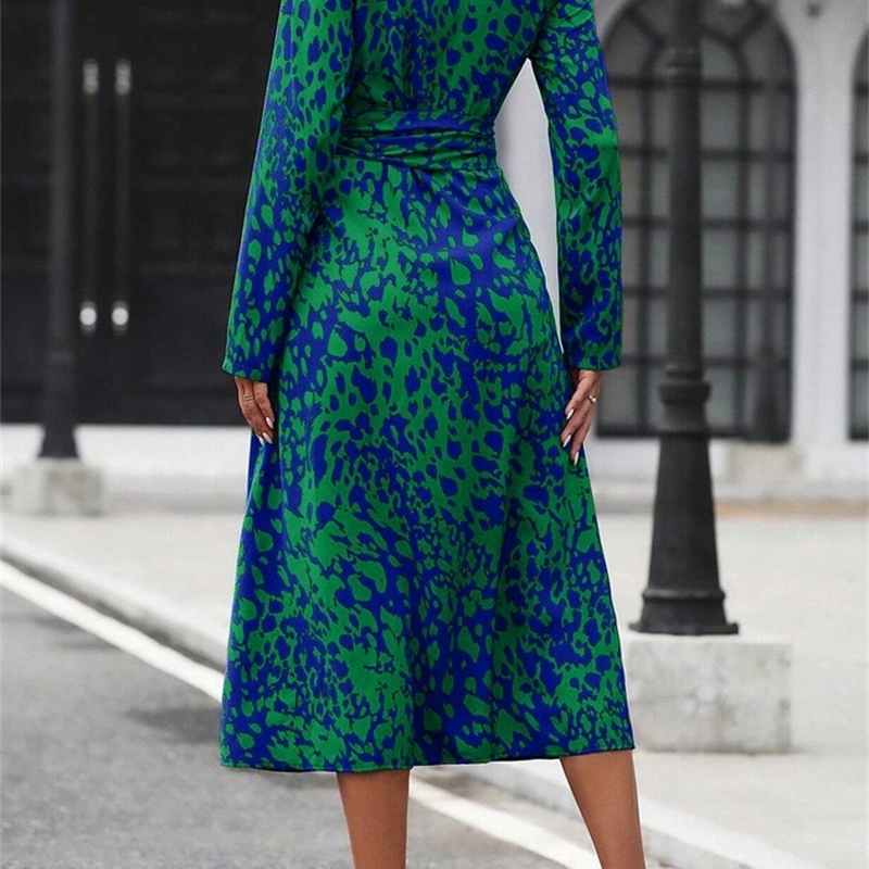 Elegant Random Print Button Down Shirt Dress Long Sleeve Belted Waist Midi Spring Fall Office Casual y251103