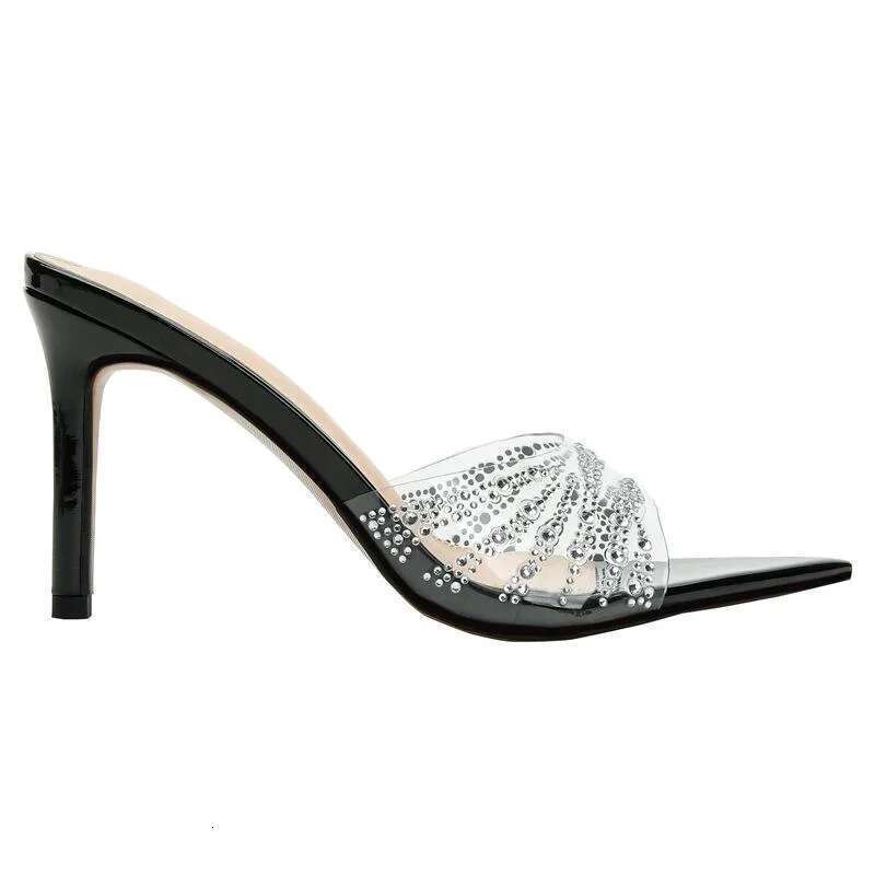 Summer new pointed fish mouth transparent PVC rhinestone fashion slippers thin high-heeled dress large size women's sandals
