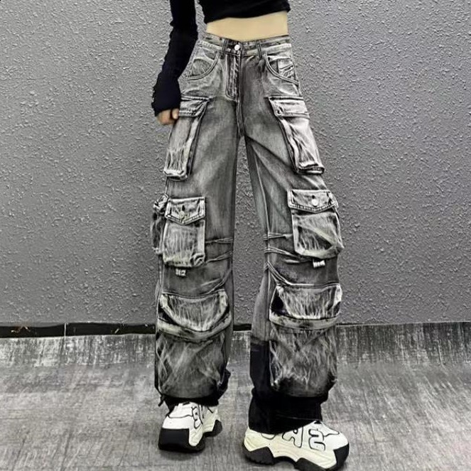 Womens blue pocket Y2k freight jeans Harajuku oversized jeans Trouser retro Japanese 2000s style ripped jeans garbage clothing 241031
