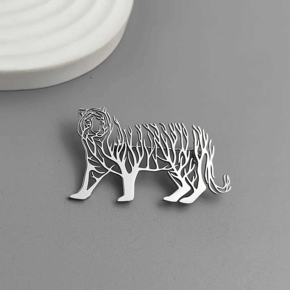 Creative hollow animal tiger life tree stainless steel gold-plated 18K brooch black suit accessories wedding matching set J251125