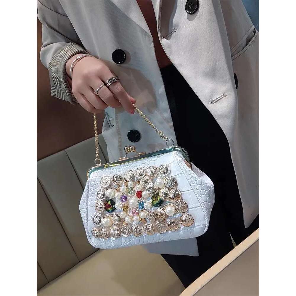 Spring and summer metal frame color pearl rhinestone crystal handbag banquet dress one-shoulder cross-body chain women's bag