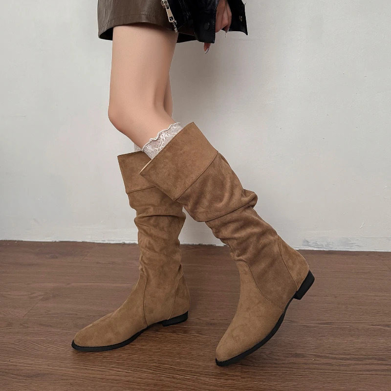 Vintage Pleated Women Knee High Boots Fashion Low Heels Pointed Toe Shoes Autumn Winter Slip On Modern Long Botas Para Mujer 251121