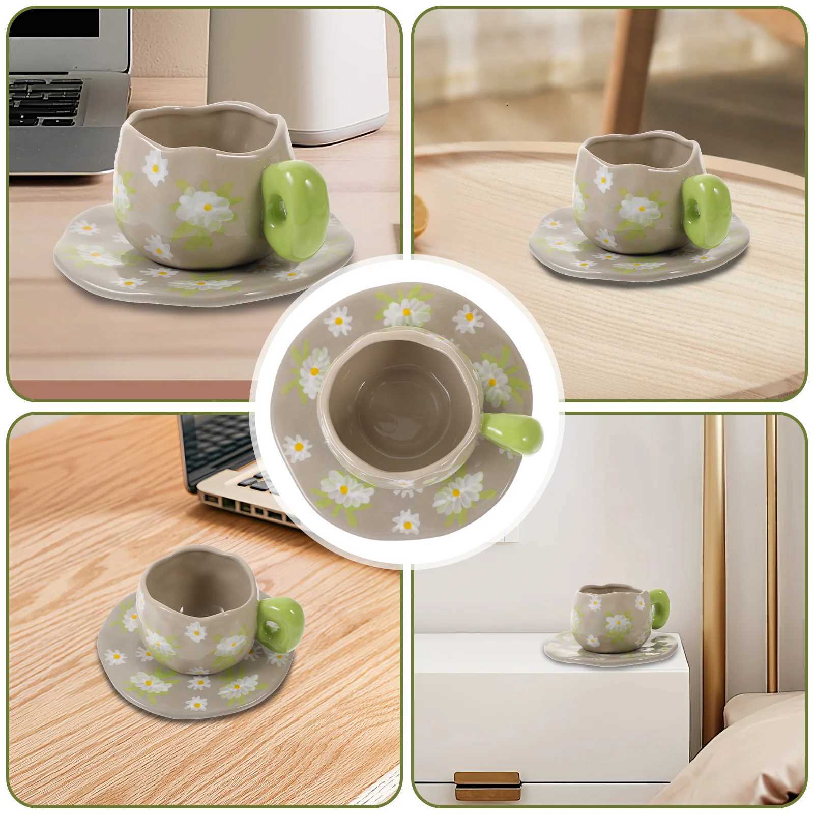 1Set French Vintage Ceramic Coffee Mug Saucer Set Smooth Surface Easy Grip Handle Practical Home Office Cafe Dessert Shop Use Y251125