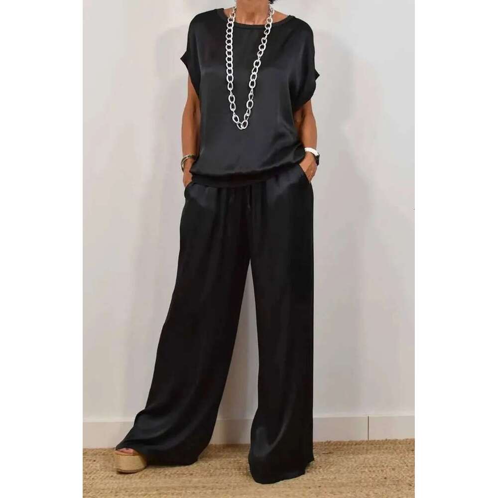 Spring Summer Fashion Smooth Satin Two Piece Sets Women's Outfits New O-Neck Short Sleeve Top Wide Leg Pant Casual Loose Suits