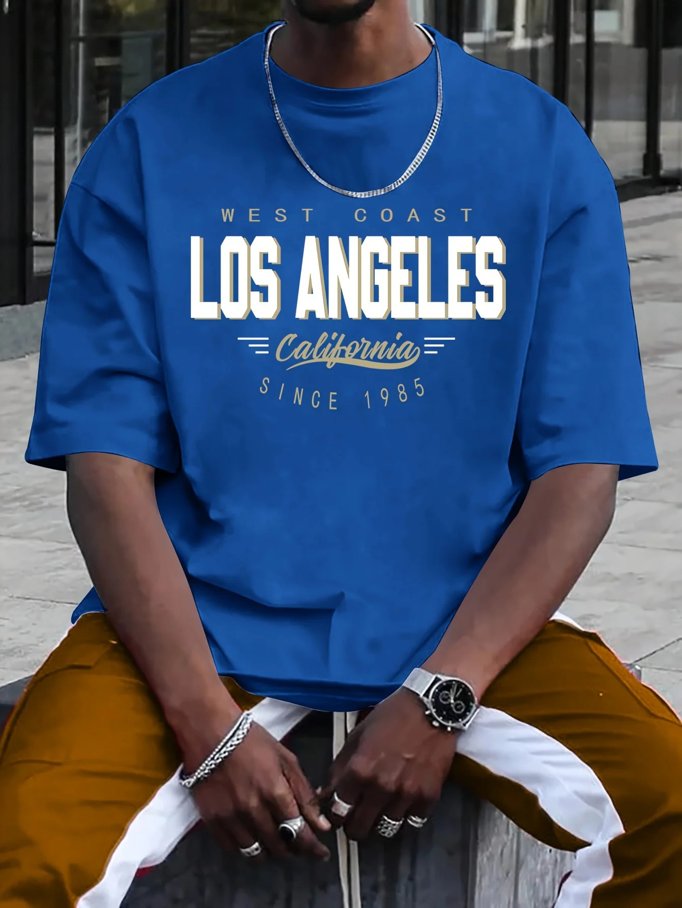 Summer mens 100 cotton comfortable casual loose plus size Los Angeles printed sports round neck short sleeved Tshirt top 250417