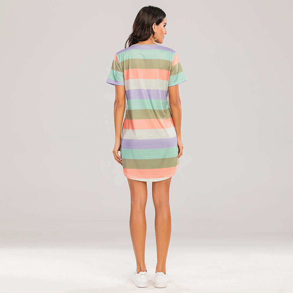 European American spring and summer short sleeved rainbow striped loose T-shirt pama dress plus size 2025 new casual versatile fashion clothing
