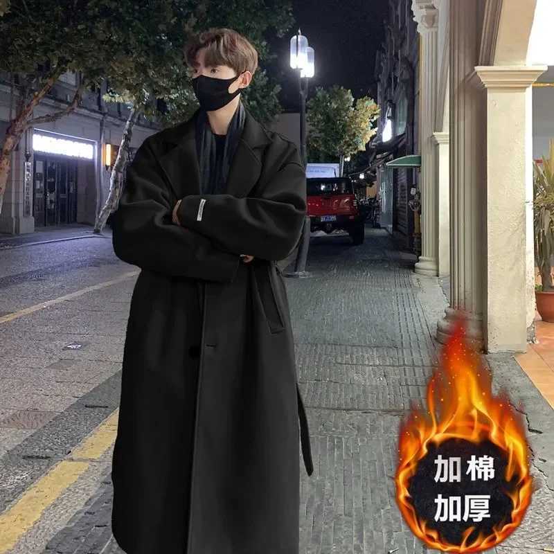 Windbreaker Mens Korean Extended Version Woolen Coat Popular British Style Thickened Mid Length Over The Knee JacketT251125
