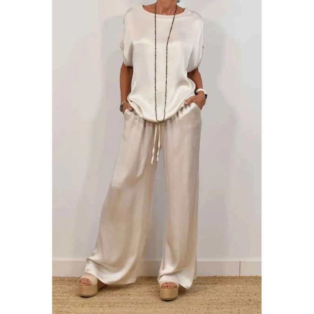 Spring Summer Fashion Smooth Satin Two Piece Sets Women's Outfits New O-Neck Short Sleeve Top Wide Leg Pant Casual Loose Suits