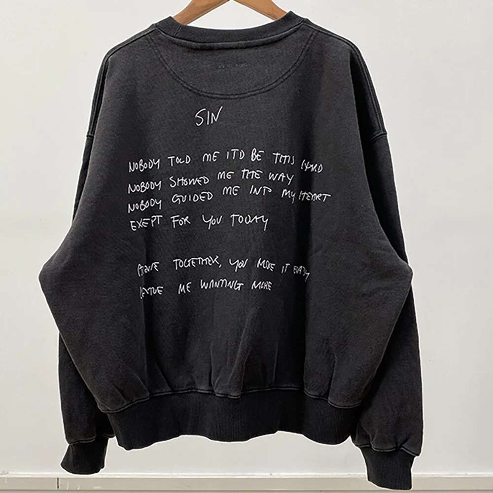 A5w333 Early Spring New North American Niche Graffiti Letter Print Washed Distressed Black Gray Ladies Sweatshirt