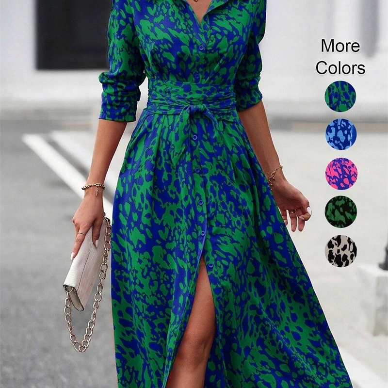 Elegant Random Print Button Down Shirt Dress Long Sleeve Belted Waist Midi Spring Fall Office Casual y251103