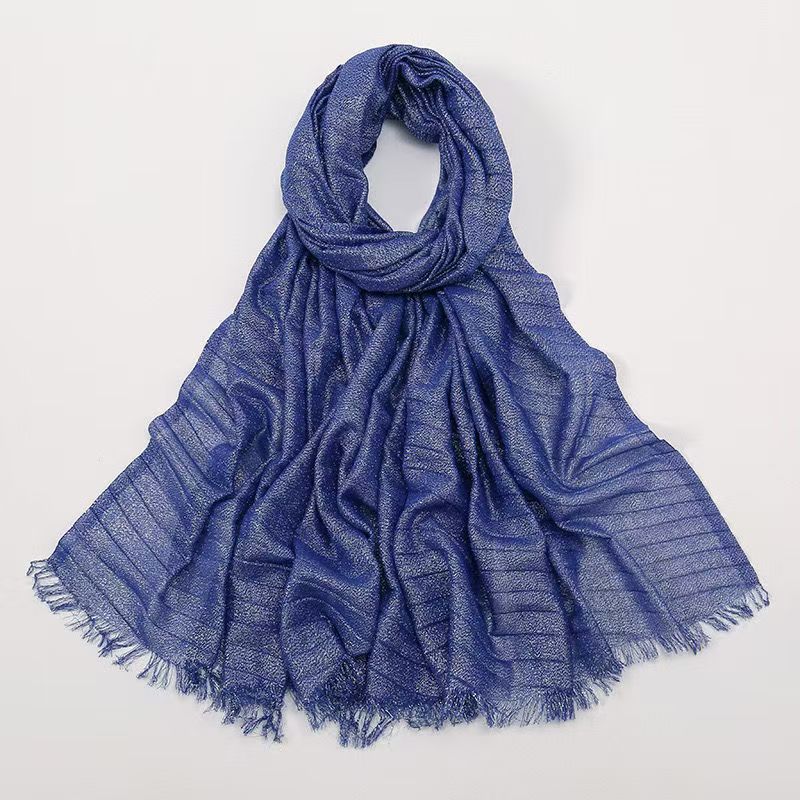 T558 new wide edge wrinkled breathable gold and silver silk wrinkled scarf solid color simple polyester soft headscarf female