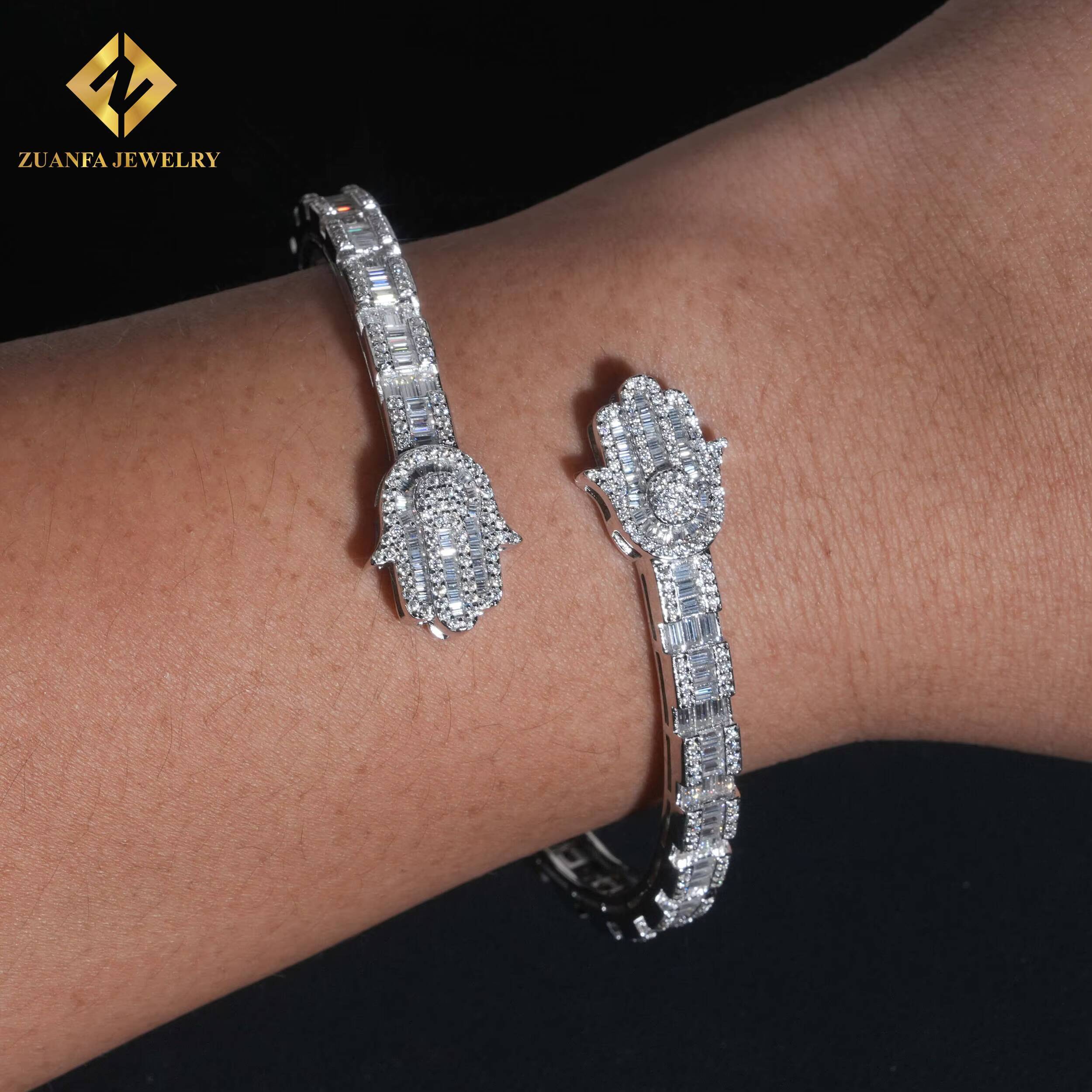 New Arrival 925 Silver Baguette Diamond Hamsa Hand Moissanite Bangle Bracelet Fashion Hip Hop Men VVS Moissanite Bracelets