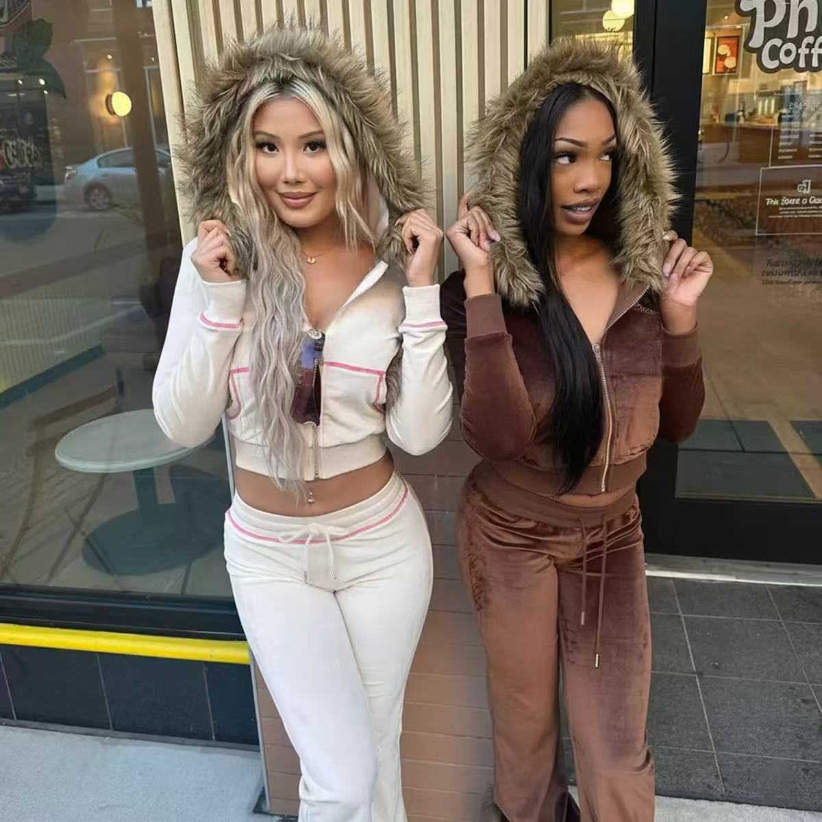 Fashion designer women's sportswear set - long-sleeved top, flared pants. Trendy outfit. Sporty and casual. Y2K style.5A