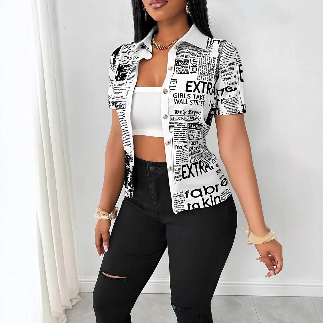 2025 Summer Fashion Newspaper Printed Single breasted V-neck Shirt for Women