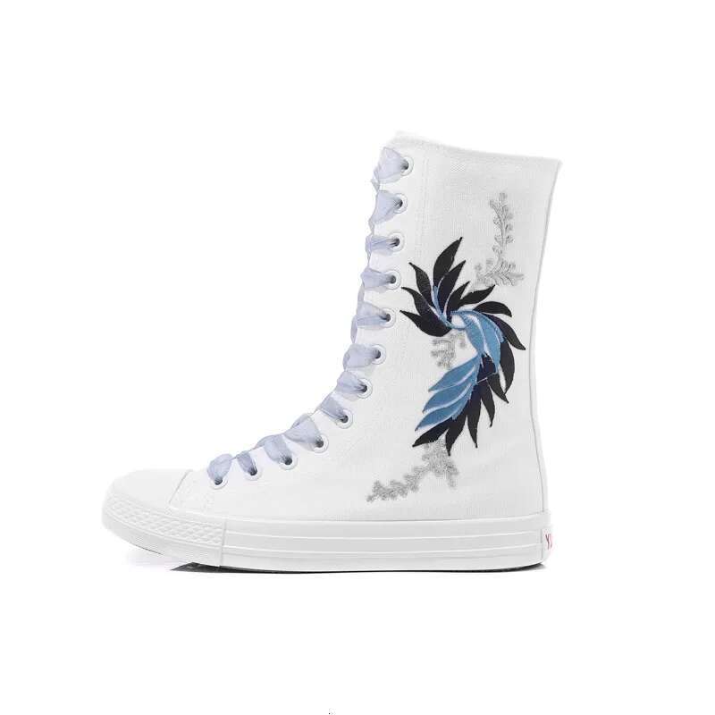 Spring new color lace-up side zipper medium tube embroidered canvas flat inner heightening casual large size women's shoes