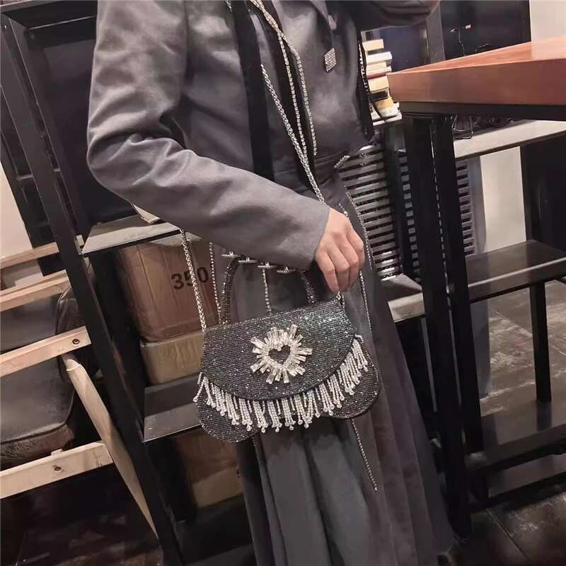 Spring and summer new rhinestone full of tassel handbag banquet dress one-shoulder cross-body pearl chain women's bag