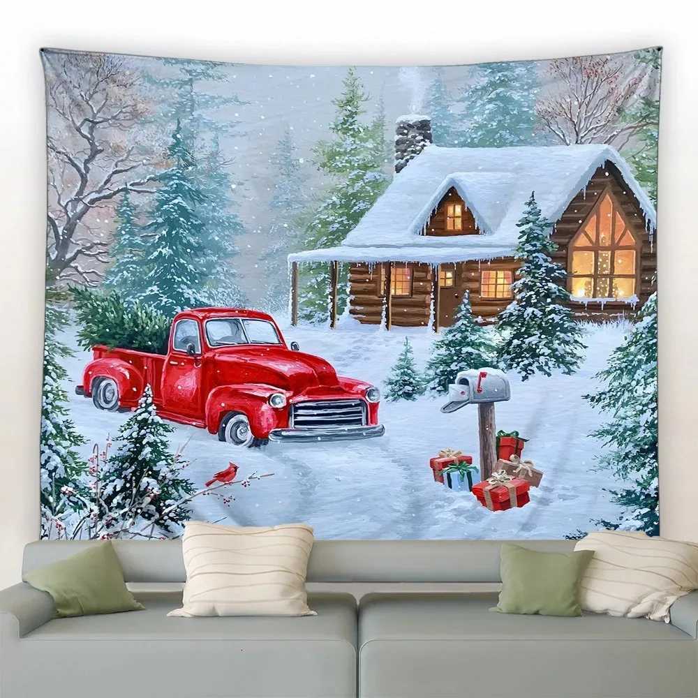 Christmas Tapestry Santa Claus Elk Christmas Tree Snow House Snowman Background Wall Hanging Tapestries Holiday Decor BlanketM251125
