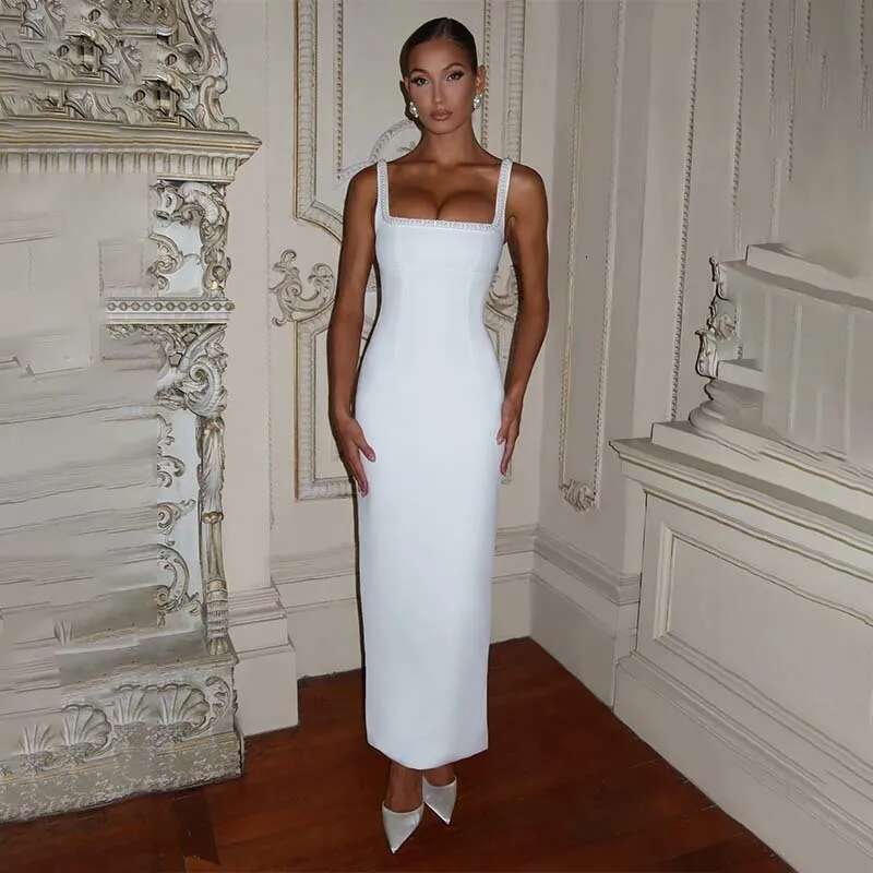 Dongdumaoyi Townlike Pearl Backless Sexy Party Dress Women Spaghetti Strap Spring Summer Slim Bodycon Maxi Long Dresses
