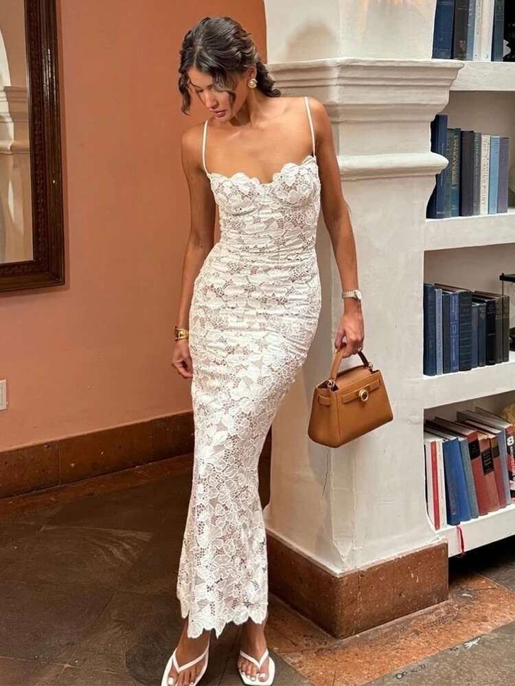 Dongdumaoyi Townlike Lace Slim Bodycon Maxi Long Dress Women Spaghetti Strap Summer Backless Nightclub Sexy Party Dresses