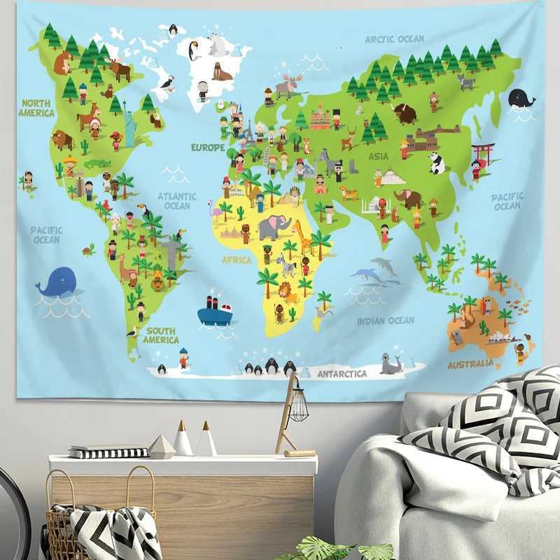 VIKAMA Ins Scandinavian World Terrain Tapestry Childrens Room Wall Decoration Cartoon Animal Map Bedside Background TapestryM251125