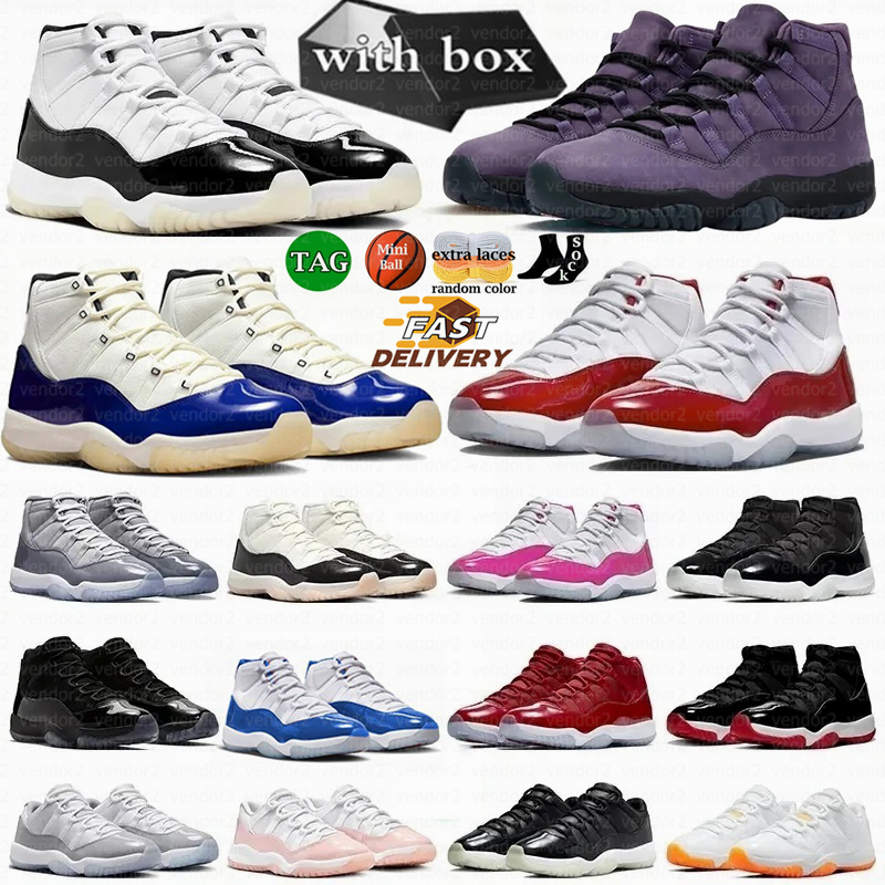 With Box 11 11s Basketball Shoes Men Women Rare DMP Cool Grey Cement Cap and Gown Bred Gamma Blue Pink Mojave Cherry Low Men Sports Sneakers Trainer