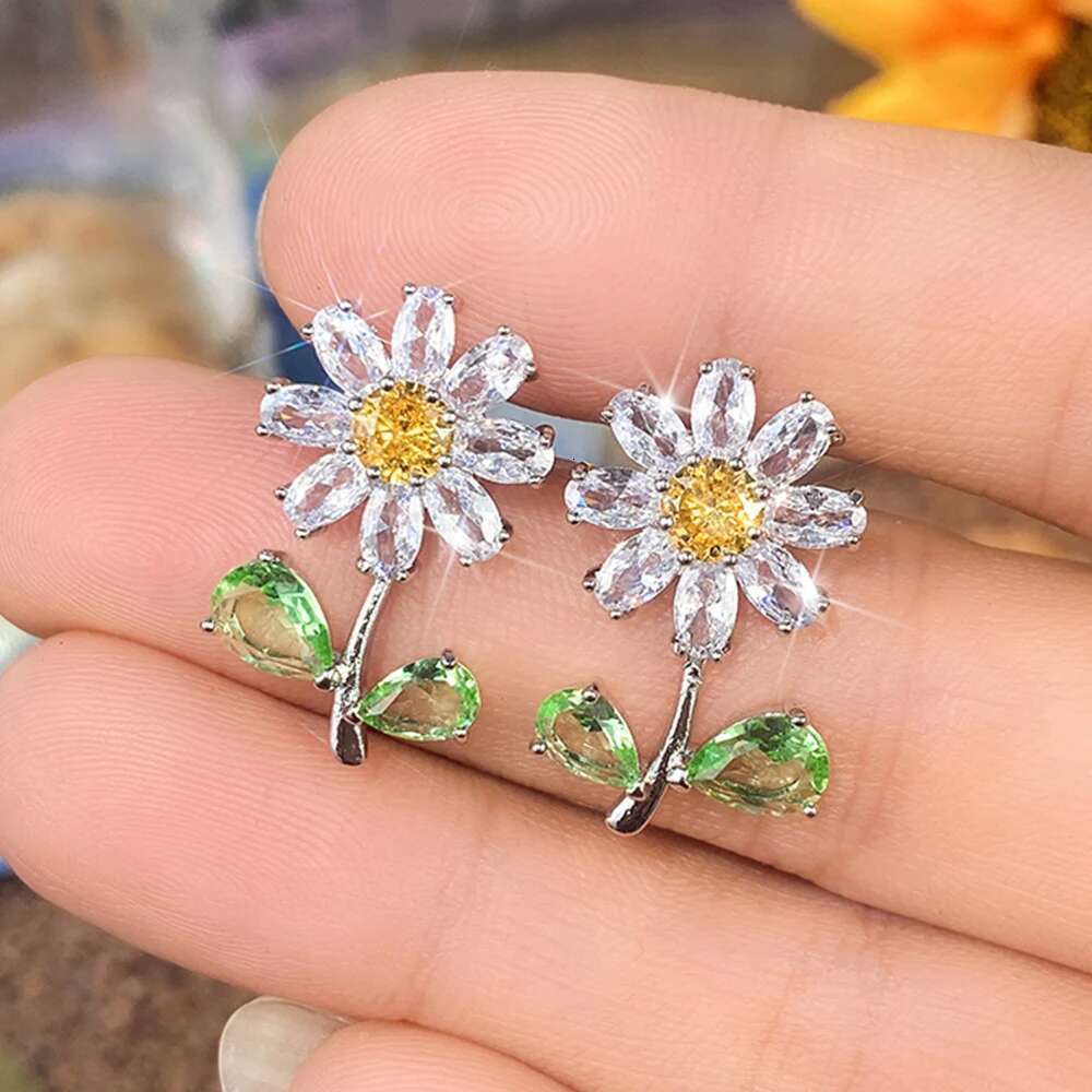 Huitan Women Daisy Stud With Green Leaf Yellow Flower Fancy Ear Accessories For Party CZ Earrings Trendy Jewelry