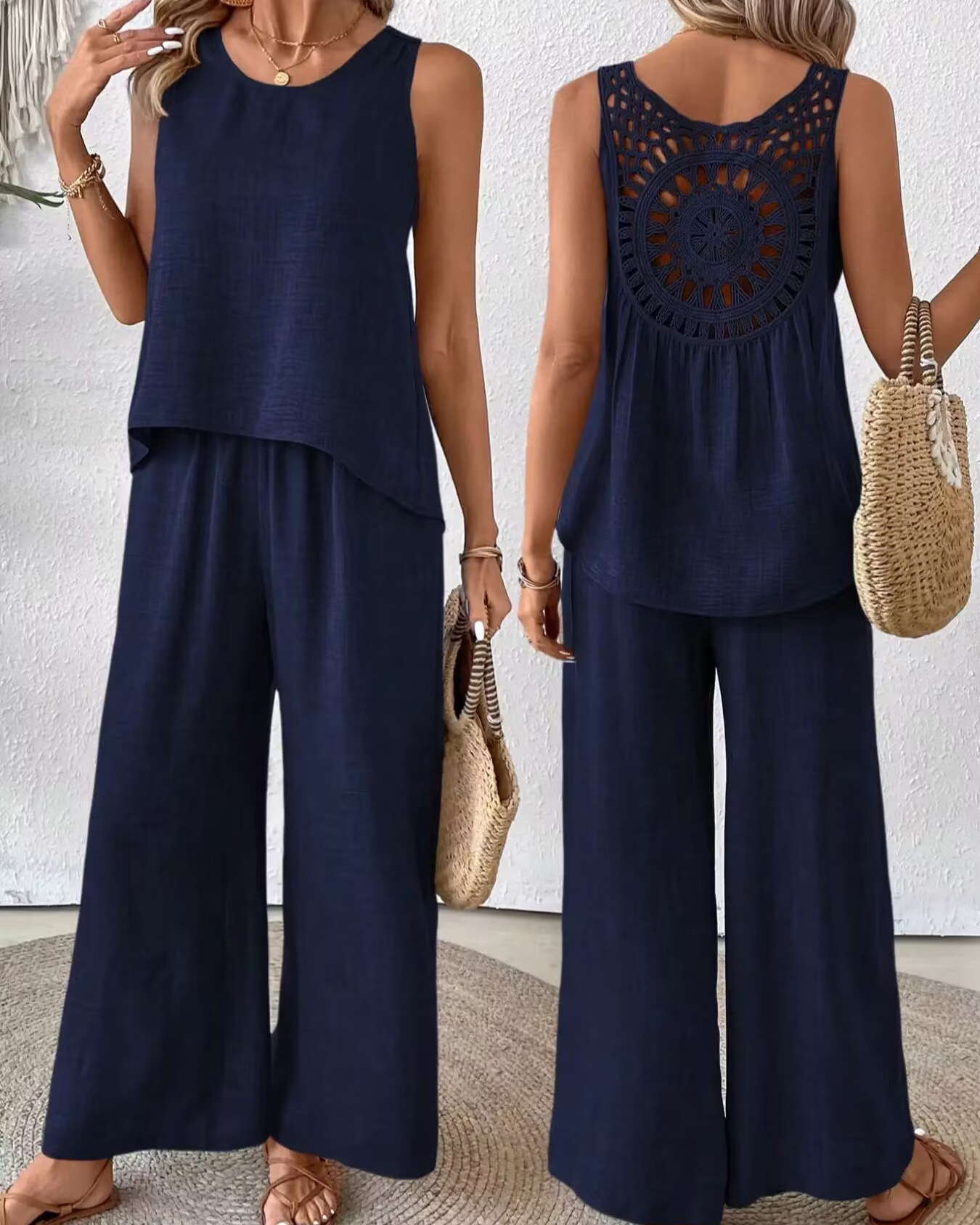 2024 New Summer Sleeveless Solid Color Back Hollow Lace Set for Women