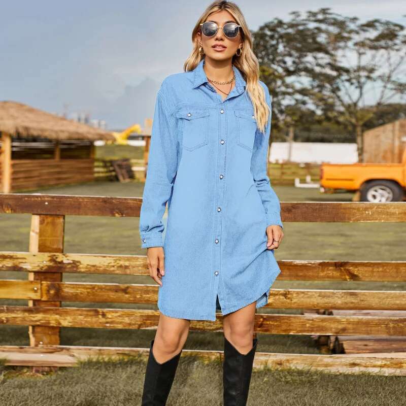 Dongdumaoyi New Washed Denim Loose Casual Long Sleeves With Adjustable Buckle Women S Fashion Dress C