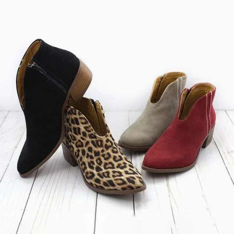Plus Size New Ladies Leopard Print Heel Women Fashion Thick Sole Warm Ankle Boots Retro Botas Femininas