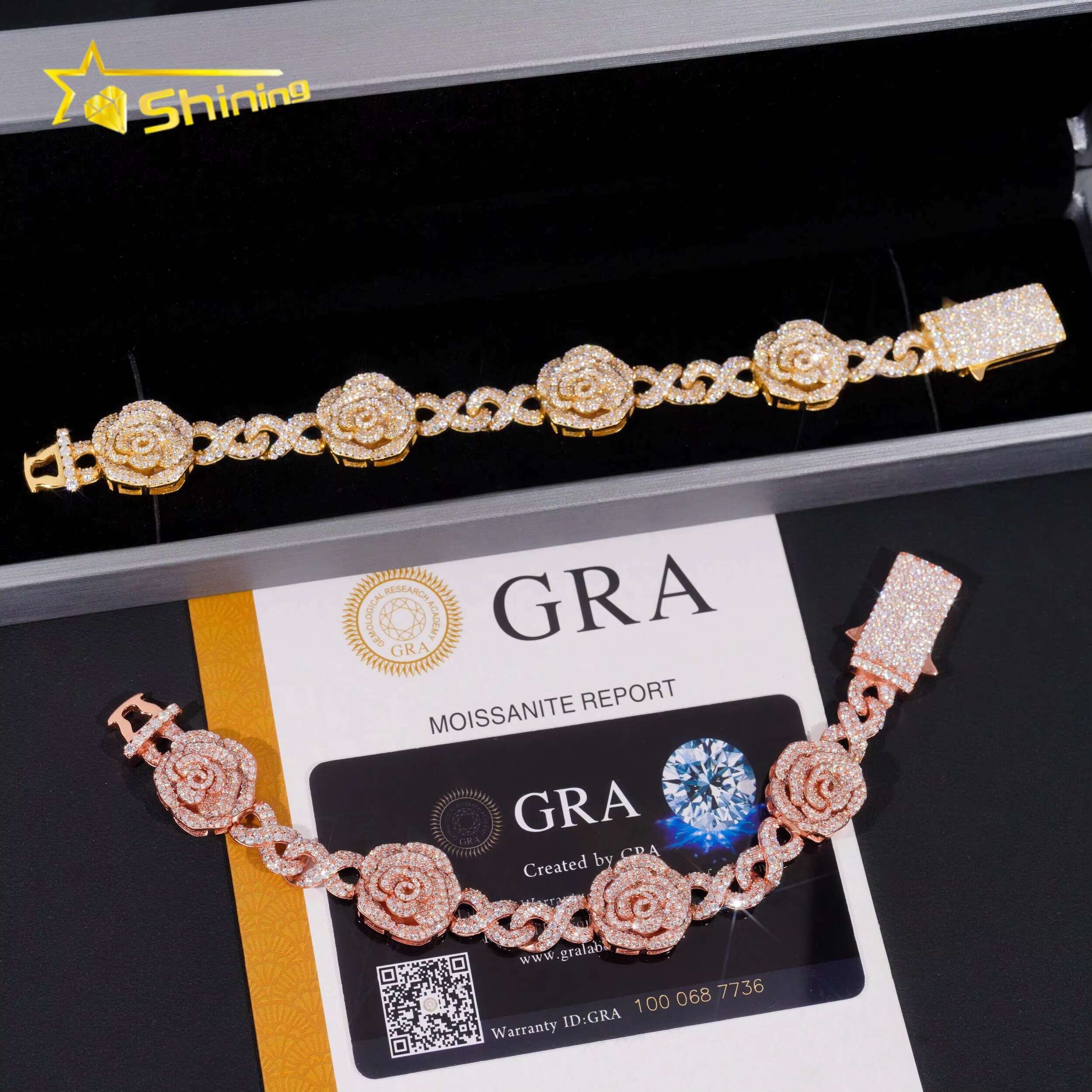 Romantic Rose 3D Gold Plated Iced Out 16mm 925 Sterling Silver Hip Hop Infinity Link Bracelet