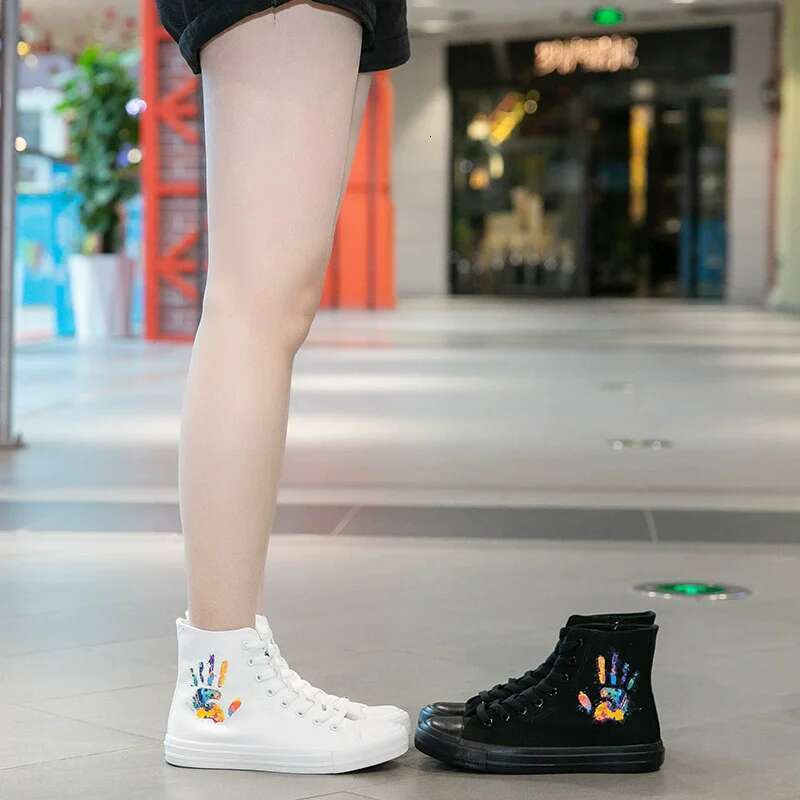 Spring new round toe high-top cross-lace-up fashion print canvas flat heightening casual daily large-size women's shoes