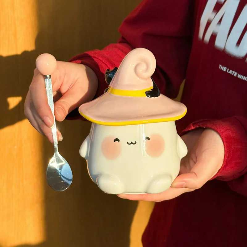 Cute Ceramic Ghost Cat Mug with Lid Bestie Souvenir Gift Box Birthday Water Cup Y251125